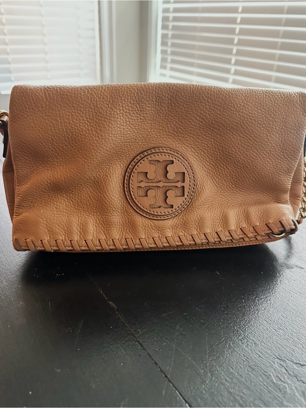 Tory Burch Brown Leather Messenger Bag with Whipstitch Trim